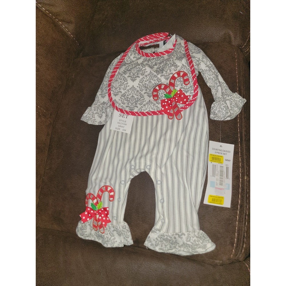 Counting daisies holiday Christmas candy canes romper and bib size 6 months nwt